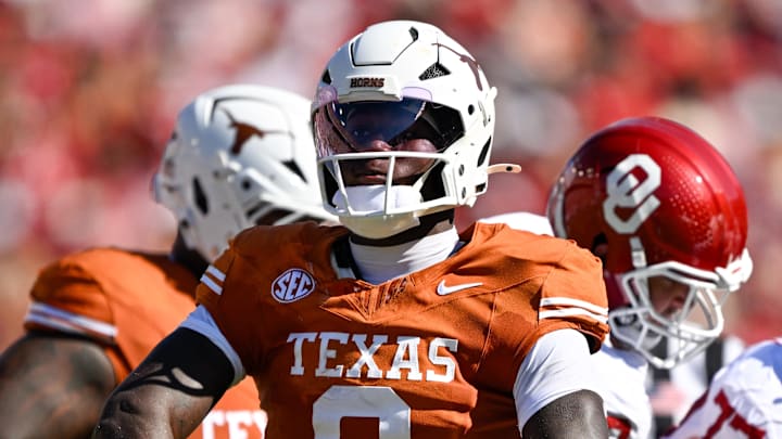 Texas Longhorns linebacker Anthony Hill Jr. celebrates during the game between the Texas Longhorns and the Oklahoma Sooners at the Cotton Bowl.