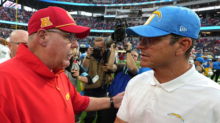 Sep 29, 2024; Inglewood, California, USA; Kansas City Chiefs coach Andy Reid shakes hands with Los Angeles Chargers coach Jim Harbaugh after the game at SoFi Stadium. Mandatory Credit: Kirby Lee-Imagn Images Sep 29, 2024; Inglewood, California, USA; Kansas City Chiefs coach Andy Reid shakes hands with Los Angeles Chargers coach Jim Harbaugh after the game at SoFi Stadium. Mandatory Credit: Kirby Lee-Imagn Images