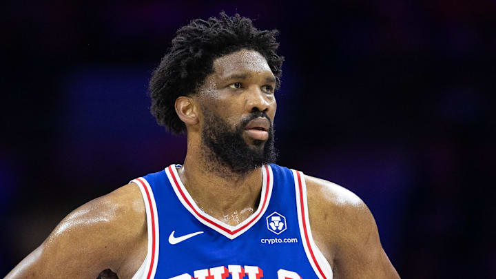Feb 20, 2025; Philadelphia, Pennsylvania, USA; Philadelphia 76ers center Joel Embiid (21) looks on during the third quarter against the Boston Celtics at Wells Fargo Center. Mandatory Credit: Bill Streicher-Imagn Images Feb 20, 2025; Philadelphia, Pennsylvania, USA; Philadelphia 76ers center Joel Embiid (21) looks on during the third quarter against the Boston Celtics at Wells Fargo Center. Mandatory Credit: Bill Streicher-Imagn Images