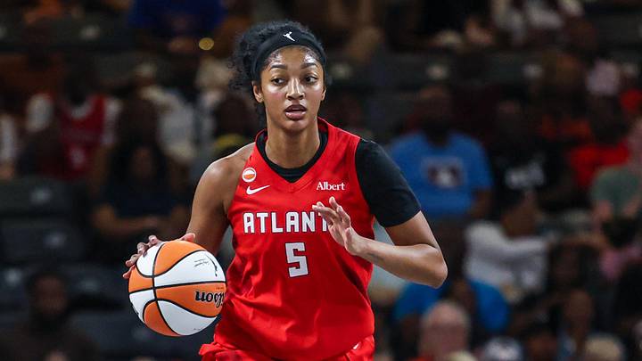 May 24, 2026; College Park, Georgia, USA; Atlanta Dream forward Angel Reese (5) dribbles the ball down the court during the first quarter at Gateway Center Arena at College Park. Mandatory Credit: Jordan Godfree-Imagn Images
