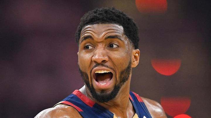 Cleveland Cavaliers guard Donovan Mitchell (45) reacts in the third quarter against the New York Knicks during game three of the eastern conference finals for the 2026 NBA playoffs at Rocket Arena on May 23, 2026.