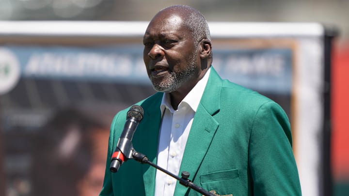 Aug 6, 2023; Oakland, California, USA;  Retired baseball pitcher Dave Stewart speaks to fans during the ceremony of the Oakland Athletics Hall of Fame for the Class of 2023. The ceremony was held before the start of the game between the Oakland Athletics and the San Francisco Giants at Oakland-Alameda County Coliseum
