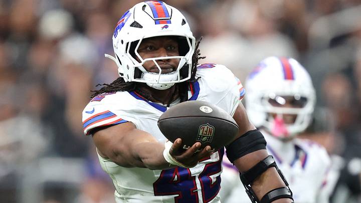 Buffalo Bills LB Dorian Williams reacts after intercepting the ball in the third quarter against the Las Vegas Raiders. Buffalo Bills LB Dorian Williams reacts after intercepting the ball in the third quarter against the Las Vegas Raiders.