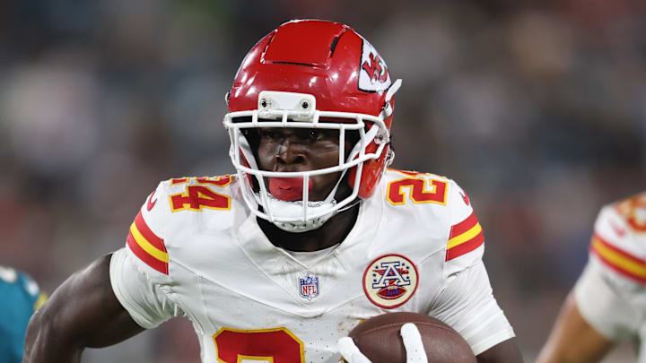 Oct 6, 2025; Jacksonville, Florida, USA; Kansas City Chiefs running back Brashard Smith (24) runs during the second half against the Jacksonville Jaguars at EverBank Stadium. Mandatory Credit: Morgan Tencza-Imagn Images
