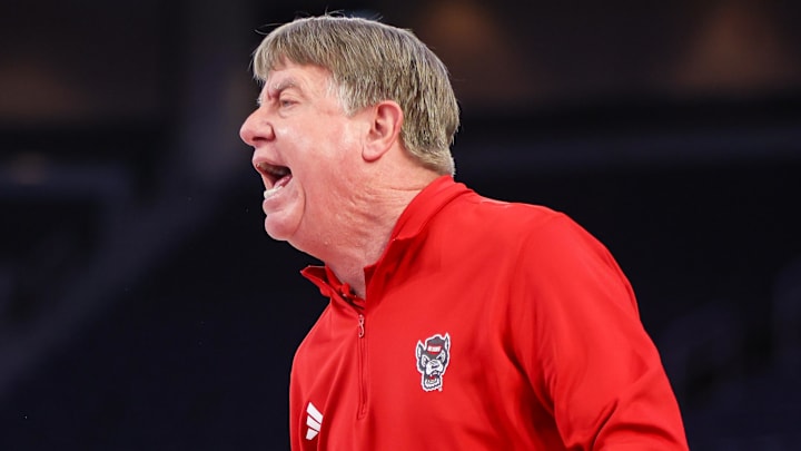Mar 6, 2026; Duluth, GA, USA; North Carolina State Wolfpack head coach Wes Moore on the sideline against the Notre Dame Fighting Irish in the second quarter at Gas South Arena. Mandatory Credit: Brett Davis-Imagn Images