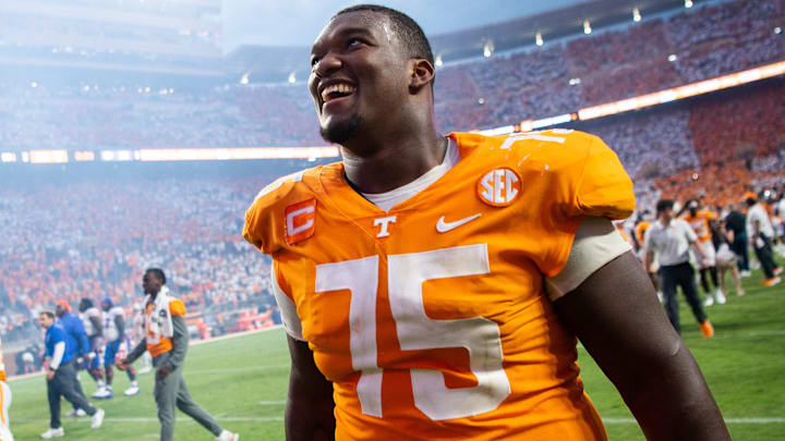 Tennessee offensive lineman Jerome Carvin (75) celebrates after Tennessee's football game against Florida in Neyland Stadium in Knoxville, Tenn., on Saturday, Sept. 24, 2022.

Kns Ut Florida Football Bp