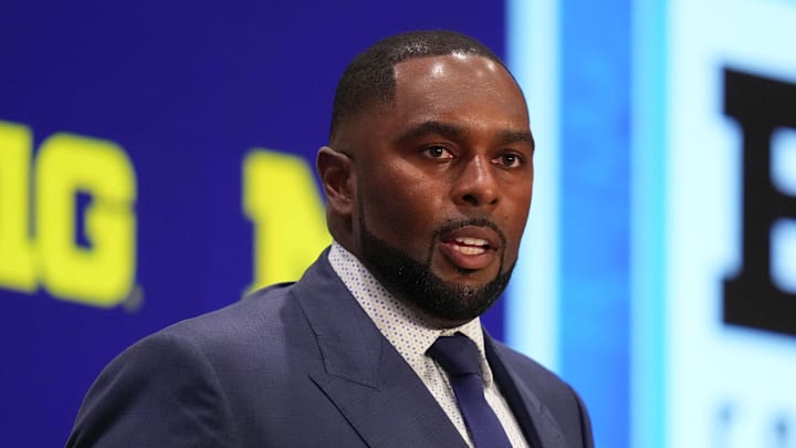 Jul 24, 2025; Las Vegas, NV, USA; Michigan head coach Sherrone Moore speaks to the media during the Big Ten NCAA college football media days at Mandalay Bay Resort. Mandatory Credit: Lucas Peltier-Imagn Images