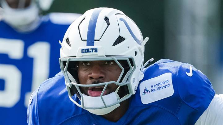 Indianapolis Colts edge rusher George Gumbs Jr. rushes up the field Indianapolis Colts edge rusher George Gumbs Jr. rushes up the field