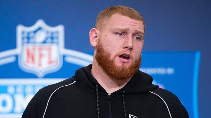 Feb 28, 2026; Indianapolis, IN, USA; Georgia Tech offensive lineman Keylan Rutledge (OL44) speaks to members of the media during the NFL Combine at the Indiana Convention Center. Mandatory Credit: Jacob Musselman-Imagn Images