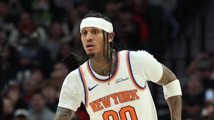 New York Knicks guard Jordan Clarkson drives to the basket against the Portland Trail Blazers.