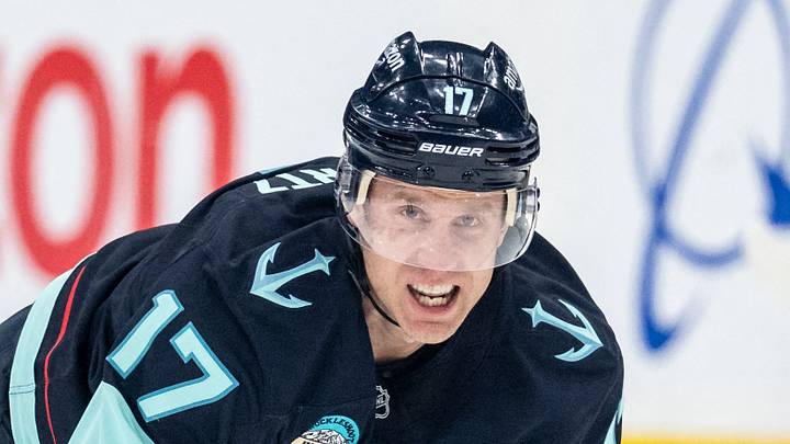 Jan 29, 2026; Seattle, Washington, USA; Seattle Krakenforward Jaden Schwartz (17) is slow to get up during the first period against the Toronto Maple Leafs at Climate Pledge Arena. Mandatory Credit: Stephen Brashear-Imagn Images