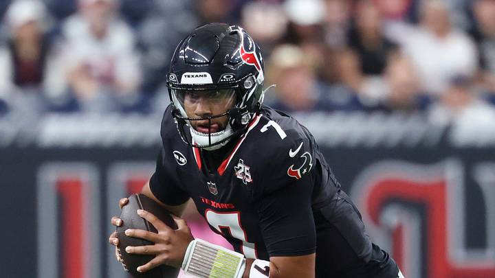 Aug 20, 2026; Houston, Texas, USA;  Houston Texans quarterback C.J. Stroud (7) runs with the ball during the game against the Las Vegas Raiders at Reliant Stadium. Mandatory Credit: Troy Taormina-Imagn Images