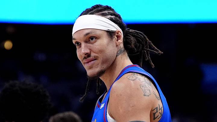 Mar 11, 2026; Denver, Colorado, USA; Denver Nuggets forward Aaron Gordon (32) reacts to a offensive foul called on the Houston Rockets during the second quarter at Ball Arena. Mandatory Credit: Ron Chenoy-Imagn Images