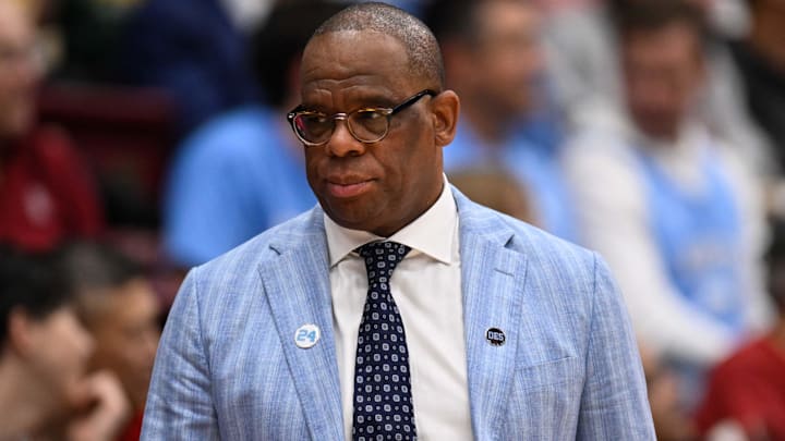 Jan 14, 2026; Stanford, California, USA; North Carolina Tar Heels head coach Hubert Davis looks on against the Stanford Cardinal in the first half at Maples Pavilion. Mandatory Credit: Eakin Howard-Imagn Images