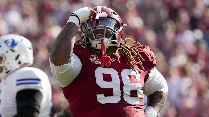 Nov 22, 2025; Tuscaloosa, Alabama, USA;  Alabama defensive lineman Tim Keenan III (96) celebrates after sacking Eastern Illinois quarterback Cole LaCrue (3) at Saban Field at Bryant-Denny Stadium. Mandatory Credit: Gary Cosby Jr.-Imagn Images