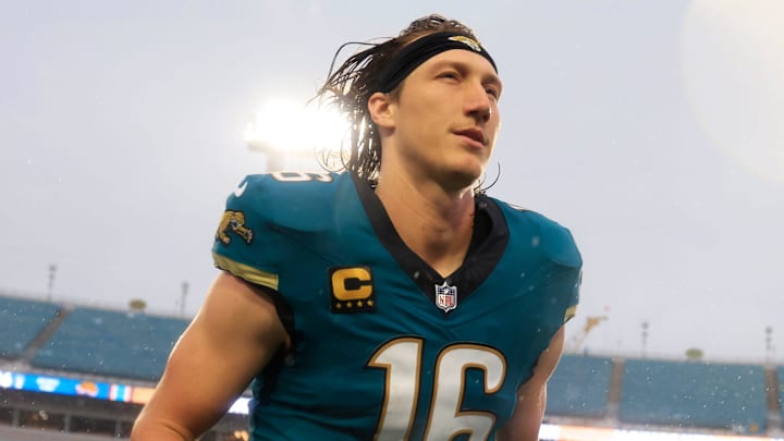 Jacksonville Jaguars quarterback Trevor Lawrence (16) runs off the field after the game of an NFL football game at EverBank Stadium, Sunday, Dec. 7, 2025, in Jacksonville, Fla. The Jaguars defeated the Colts 36-19.