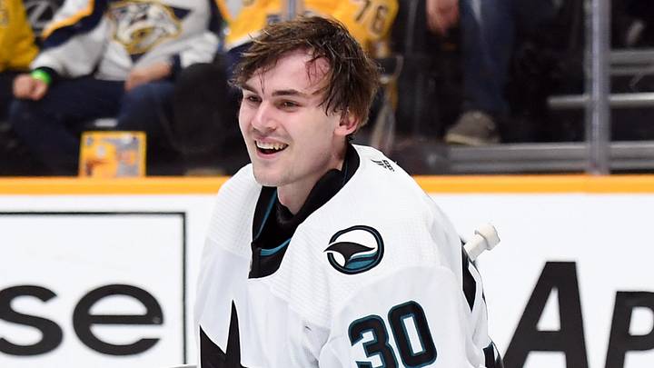 Mar 19, 2024; Nashville, Tennessee, USA; San Jose Sharks goaltender Magnus Chrona (30) loses his helmet on a play during the first period against the Nashville Predators at Bridgestone Arena. Mandatory Credit: Christopher Hanewinckel-Imagn Images Mar 19, 2024; Nashville, Tennessee, USA; San Jose Sharks goaltender Magnus Chrona (30) loses his helmet on a play during the first period against the Nashville Predators at Bridgestone Arena. Mandatory Credit: Christopher Hanewinckel-Imagn Images