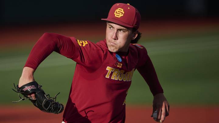 May 31, 2025; Corvallis, OR, USA; USC pitcher Mason Edwards (30) throws the ball during the fourth inning against Saint Mary's at the NCAA Corvallis Regional at Goss Stadium. Mandatory Credit: Troy Wayrynen-Imagn Images
