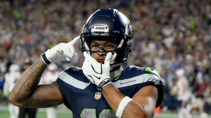 Seattle Seahawks wide receiver Jaxon Smith-Njigba (11) celebrates after scoring a touchdown