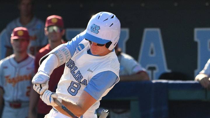 Jun 5, 2026; Chapel Hill, NC, USA; North Carolina Tar Heels outfielder Owen Hull (8) hits the ball in the seventh inning agains the USC Trojans at Boshamer Stadium. Mandatory Credit: Zachary Taft-Imagn Images Jun 5, 2026; Chapel Hill, NC, USA; North Carolina Tar Heels outfielder Owen Hull (8) hits the ball in the seventh inning agains the USC Trojans at Boshamer Stadium. Mandatory Credit: Zachary Taft-Imagn Images