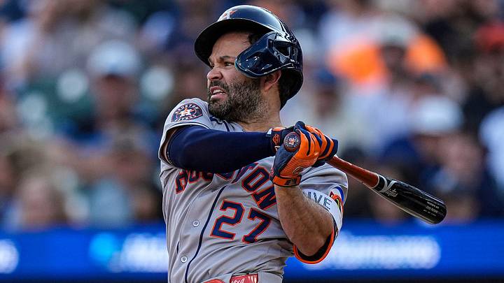 Houston Astros second baseman Jose Altuve (27) bats against the Detroit Tigers. 