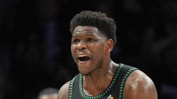 Minnesota Timberwolves guard Anthony Edwards (5) reacts to call on the court against the San Antonio Spurs in the second half during game six of the second round of the 2026 NBA Playoffs at Target Center on May 15, 2026.