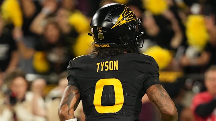 Sep 26, 2025; Tempe, Arizona, USA; Arizona State Sun Devils wide receiver Jordyn Tyson (0) scores a touchdown against the TCU Horned Frogs in the first half at Mountain America Stadium, Home of the ASU Sun Devils. Mandatory Credit: Jacob Reiner-Imagn Images Sep 26, 2025; Tempe, Arizona, USA; Arizona State Sun Devils wide receiver Jordyn Tyson (0) scores a touchdown against the TCU Horned Frogs in the first half at Mountain America Stadium, Home of the ASU Sun Devils. Mandatory Credit: Jacob Reiner-Imagn Images