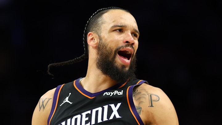 Apr 27, 2026; Phoenix, Arizona, USA; Phoenix Suns forward Dillon Brooks (3) against the Oklahoma City Thunder during game four of the first round of the 2026 NBA Playoffs at Mortgage Matchup Center. Mandatory Credit: Mark J. Rebilas-Imagn Images
