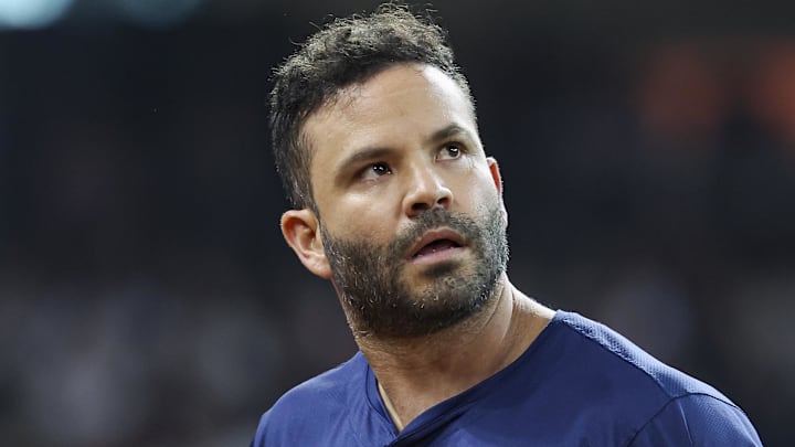 Sep 22, 2024; Houston, Texas, USA; Houston Astros second baseman Jose Altuve (27) looks up after a play during the seventh inning against the Los Angeles Angels at Minute Maid Park