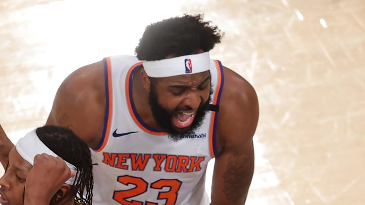 May 29, 2025; New York, New York, USA; Indiana Pacers center Myles Turner (33) and New York Knicks center Mitchell Robinson (23) react in the third quarter during game five of the eastern conference finals for the 2025 NBA Playoffs at Madison Square Garden. Mandatory Credit: Brad Penner-Imagn Images May 29, 2025; New York, New York, USA; Indiana Pacers center Myles Turner (33) and New York Knicks center Mitchell Robinson (23) react in the third quarter during game five of the eastern conference finals for the 2025 NBA Playoffs at Madison Square Garden. Mandatory Credit: Brad Penner-Imagn Images