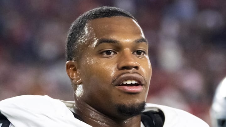 Aug 23, 2025; Glendale, Arizona, USA; Las Vegas Raiders defensive end Tyree Wilson (9) against the Arizona Cardinals during a preseason NFL game at State Farm Stadium. Mandatory Credit: Mark J. Rebilas-Imagn Images Aug 23, 2025; Glendale, Arizona, USA; Las Vegas Raiders defensive end Tyree Wilson (9) against the Arizona Cardinals during a preseason NFL game at State Farm Stadium. Mandatory Credit: Mark J. Rebilas-Imagn Images
