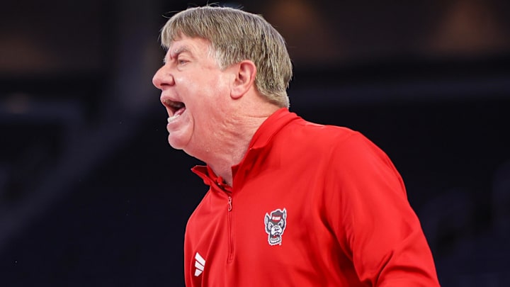Mar 6, 2026; Duluth, GA, USA; North Carolina State Wolfpack head coach Wes Moore on the sideline against the Notre Dame Fighting Irish in the second quarter at Gas South Arena. Mandatory Credit: Brett Davis-Imagn Images