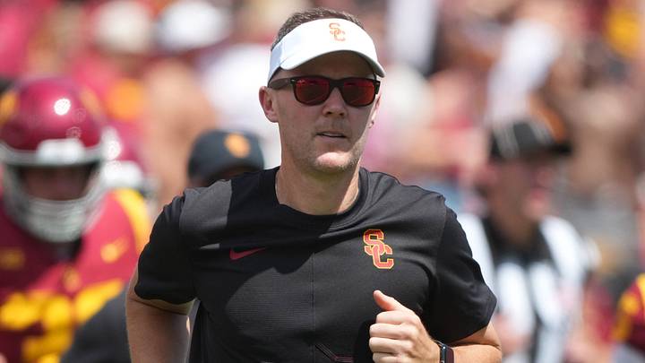 Aug 29, 2026; Los Angeles, California, USA; Southern California Trojans head coach Lincoln Riley during the game against the San Jose State Spartans at United Airlines Field at Los Angeles Memorial Coliseum. Mandatory Credit: Kirby Lee-Imagn Images