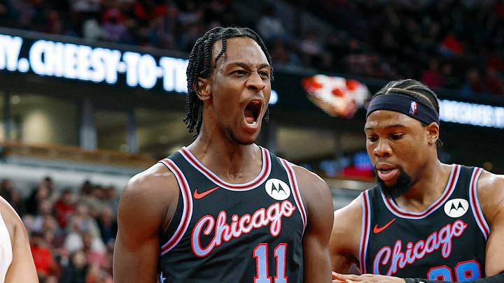 Apr 5, 2026; Chicago, Illinois, USA; Chicago Bulls forward Leonard Miller (11) reacts during the first half at United Center. Mandatory Credit: Kamil Krzaczynski-Imagn Images