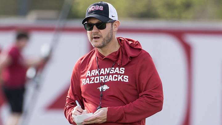 Arkansas Razorbacks coach Ryan Silverfield looks on during spring practice at the Arkansas Razorbacks practice facilities. Arkansas Razorbacks coach Ryan Silverfield looks on during spring practice at the Arkansas Razorbacks practice facilities.