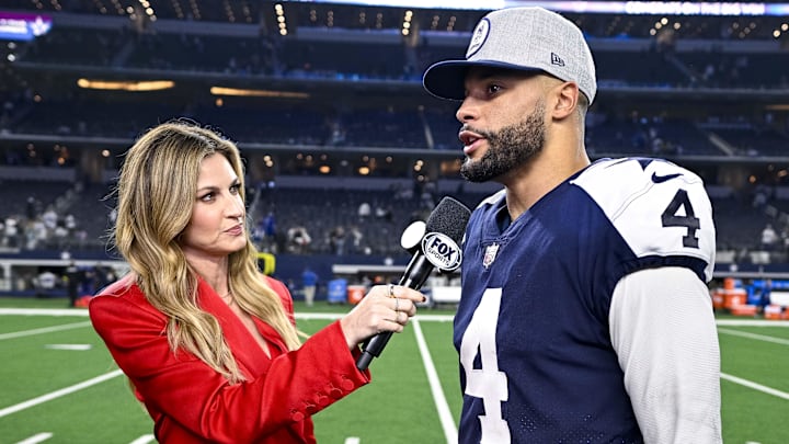Dallas Cowboys quarterback Dak Prescott is interviewed by Fox Sports' Erin Andrews after a game against the New York Giants