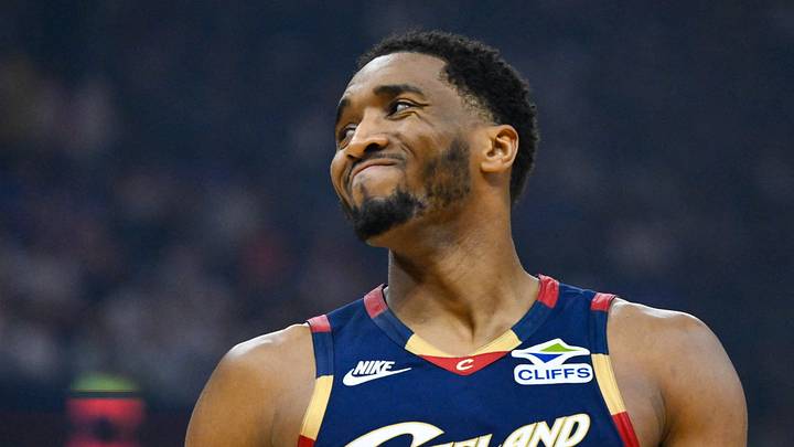 May 23, 2026; Cleveland, Ohio, USA; Cleveland Cavaliers guard Donovan Mitchell (45) reacts in the third quarter against the New York Knicks during game three of the eastern conference finals for the 2026 NBA playoffs at Rocket Arena. Mandatory Credit: David Richard-Imagn Images
