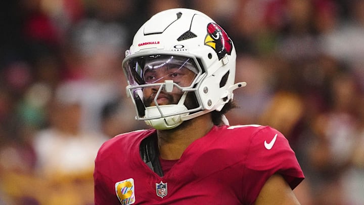 Cardinals quarterback Kyler Murray (1) reacts after a three and out against the Commanders during a game at State Farm Stadium in Glendale on Sept. 29, 2024.