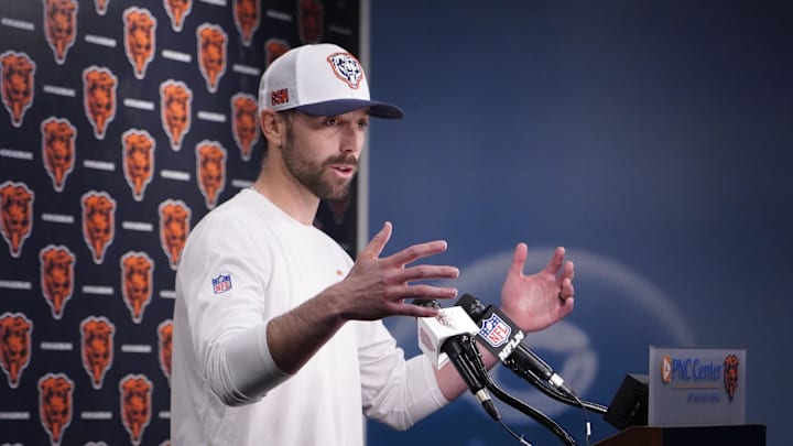 May 10, 2025; Lake Forest, IL, USA; Chicago Bears offensive coordinator Declan Doyle answers questions after rookie minicamp at Halas Hall. Mandatory Credit: David Banks-Imagn Images May 10, 2025; Lake Forest, IL, USA; Chicago Bears offensive coordinator Declan Doyle answers questions after rookie minicamp at Halas Hall. Mandatory Credit: David Banks-Imagn Images