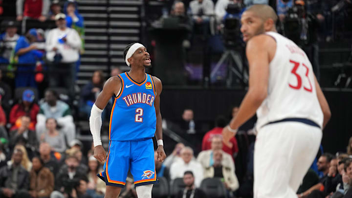 Nov 4, 2025; Inglewood, California, USA; Oklahoma City Thunder guard Shai Gilgeous-Alexander (2) celebrates in the second half as LA Clippers forward Nicolas Batum (33) watches at Intuit Dome. Mandatory Credit: Kirby Lee-Imagn Images Nov 4, 2025; Inglewood, California, USA; Oklahoma City Thunder guard Shai Gilgeous-Alexander (2) celebrates in the second half as LA Clippers forward Nicolas Batum (33) watches at Intuit Dome. Mandatory Credit: Kirby Lee-Imagn Images