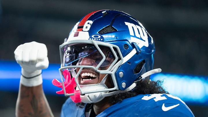 New York Giants linebacker Zaire Barnes celebrates during a Thursday Night Football game between the New York Giants and the Philadelphia Eagles at MetLife Stadium in East Rutherford on Oct. 9, 2025.