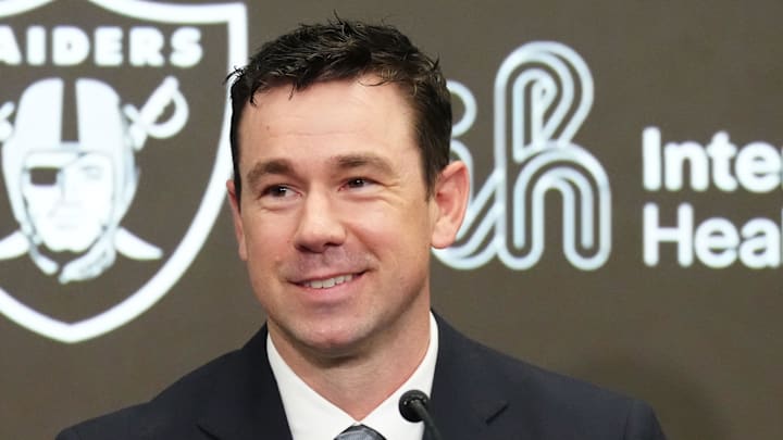 Feb 10, 2026; Henderson, NV, USA; Las Vegas Raiders coach Klint Kubiak speaks at introductory press conference at Intermountain Health Performance Center. Mandatory Credit: Kirby Lee-Imagn Images Feb 10, 2026; Henderson, NV, USA; Las Vegas Raiders coach Klint Kubiak speaks at introductory press conference at Intermountain Health Performance Center. Mandatory Credit: Kirby Lee-Imagn Images
