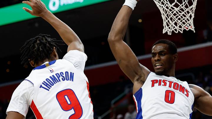 Dallas Mavericks forward Olivier-Maxence Prosper (8) is defended by Detroit Pistons forward Ausar Thompson (9) and center Jalen Duren (0) in the first half at Little Caesars Arena on Jan 31, 2025. Dallas Mavericks forward Olivier-Maxence Prosper (8) is defended by Detroit Pistons forward Ausar Thompson (9) and center Jalen Duren (0) in the first half at Little Caesars Arena on Jan 31, 2025.
