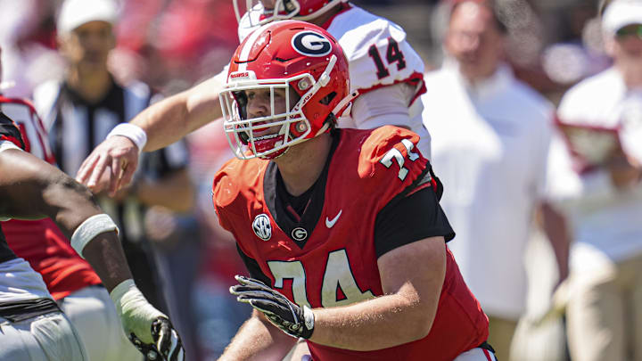 Apr 12, 2025; Athens, GA, USA; Georgia Bulldogs offensive lineman Drew Bobo (74) blocks during the Georgia Spring game at Sanford Stadium. Mandatory Credit: Dale Zanine-Imagn Images Apr 12, 2025; Athens, GA, USA; Georgia Bulldogs offensive lineman Drew Bobo (74) blocks during the Georgia Spring game at Sanford Stadium. Mandatory Credit: Dale Zanine-Imagn Images
