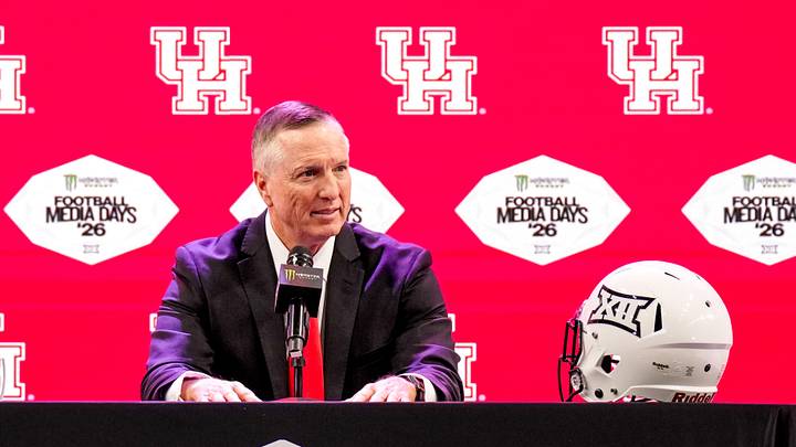 Jul 7, 2026; Frisco, TX, USA; Houston head coach Willie Fritz speaks to reporters during Big 12 Conference Football Media Days at The Star. Mandatory Credit: Raymond Carlin III-Imagn Images Jul 7, 2026; Frisco, TX, USA; Houston head coach Willie Fritz speaks to reporters during Big 12 Conference Football Media Days at The Star. Mandatory Credit: Raymond Carlin III-Imagn Images