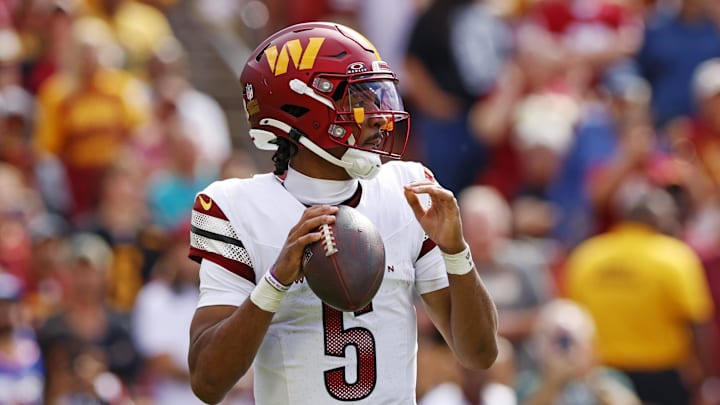 Sep 7, 2025; Landover, Maryland, USA; Washington Commanders quarterback Jayden Daniels (5) makes a pass during the fourth quarter against the New York Giants at Northwest Stadium. Mandatory Credit: Peter Casey-Imagn Images Sep 7, 2025; Landover, Maryland, USA; Washington Commanders quarterback Jayden Daniels (5) makes a pass during the fourth quarter against the New York Giants at Northwest Stadium. Mandatory Credit: Peter Casey-Imagn Images