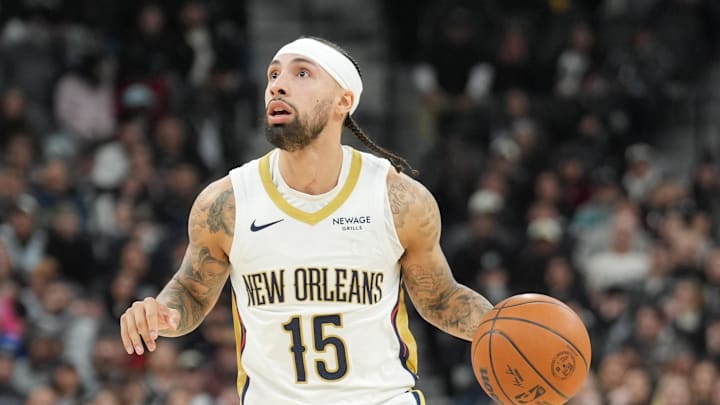 Jan 25, 2026; San Antonio, Texas, USA;  New Orleans Pelicans guard Jose Alvarado (15) sets up to shoot in the second half against the San Antonio Spurs at Frost Bank Center. Mandatory Credit: Daniel Dunn-Imagn Images