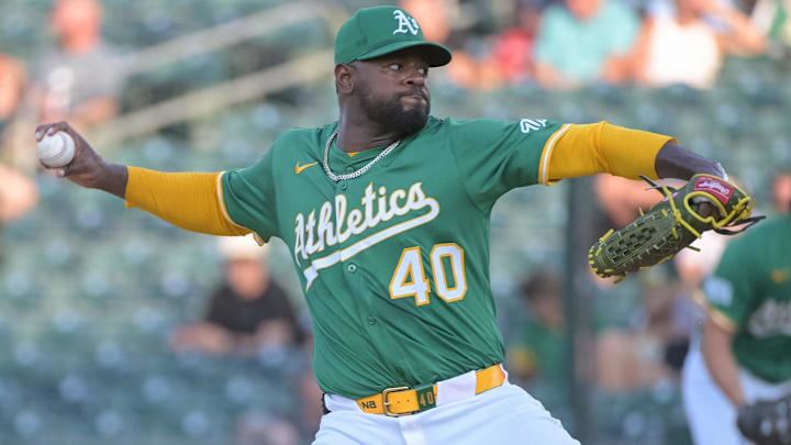 Jul 11, 2025; West Sacramento, California, USA; Athletics pitcher Luis Severino (40) throws a pitch against the Toronto Blue Jays during the first inning at Sutter Health Park. Mandatory Credit: Ed Szczepanski-Imagn Images