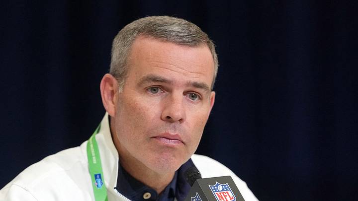 Feb 24, 2026; Indianapolis, IN, USA; Buffalo Bills general manager Brandon Beane speaks at the NFL Scouting Combine at the Indiana Convention Center. Mandatory Credit: Kirby Lee-Imagn Images