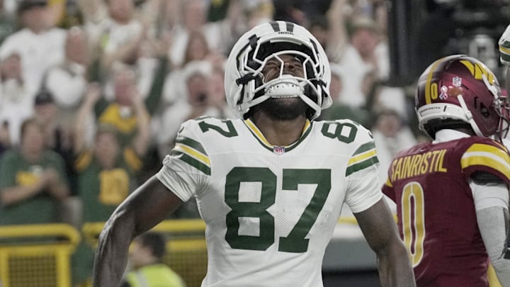 Green Bay Packers receiver Romeo Doubs (87) celebrates his touchdown catch during the first quarter against the Commanders.